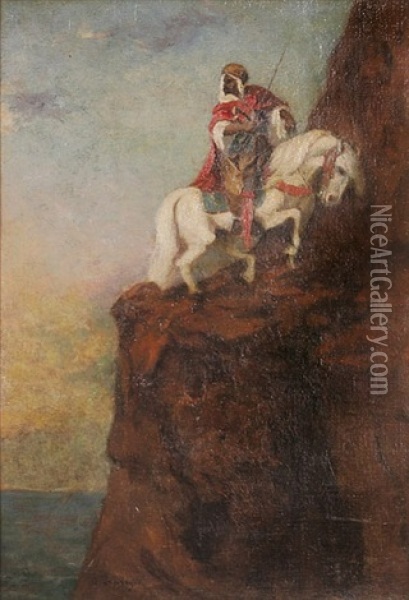Beduine Auf Seinem Araberhengst An Einer Steilkuste, Links Blick Auf Das Meer Mit Sonnenuntergang Oil Painting - Adolf Schreyer
