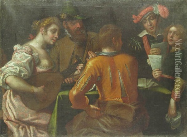 Elegant Company Making Music Around A Table Oil Painting - Antonio Gandini
