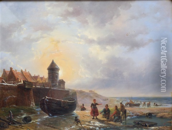Fishermen And Boats On The Beach Oil Painting - Johan Hendrik Meyer
