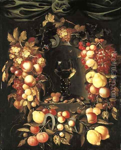 A roemer with walnuts and almonds in a niche surrounded by a garland of lemons Oil Painting - Johannes Borman