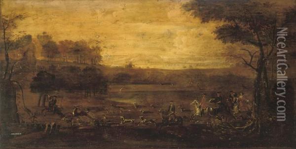 A Hunt In An Extensive Landscape With Buildings Beyond Oil Painting - John Wootton