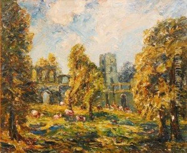 Ruined Abbey Scene With Cattle And Trees To The Foreground Oil Painting - Edward Granger