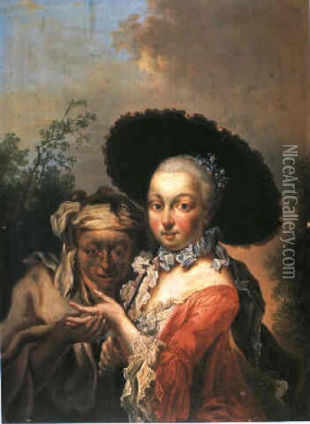 Junge Dame Bei Einer Alten Wahrsagerin Oil Painting - Johann Conrad Seekatz