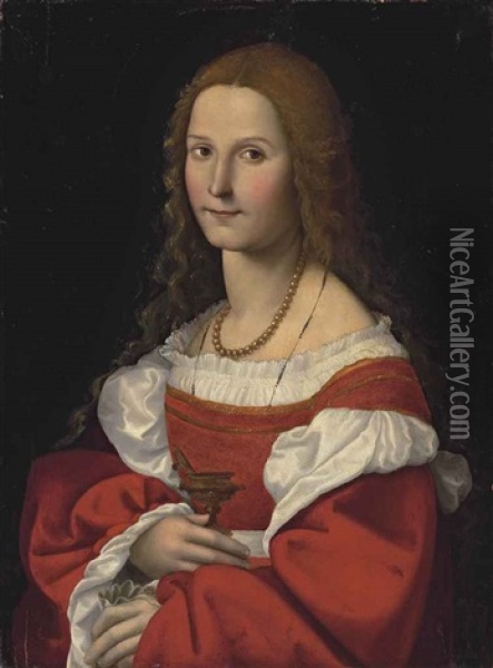 Portrait Of A Lady As Mary Magdalene, Half-length, In A Red Dress And Pearl Necklace Oil Painting - Giovanni Francesco Caroto