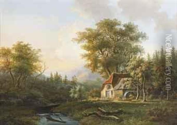 A Mountainous Landscape With A Watermill Along A River Oil Painting - Willem De Klerk