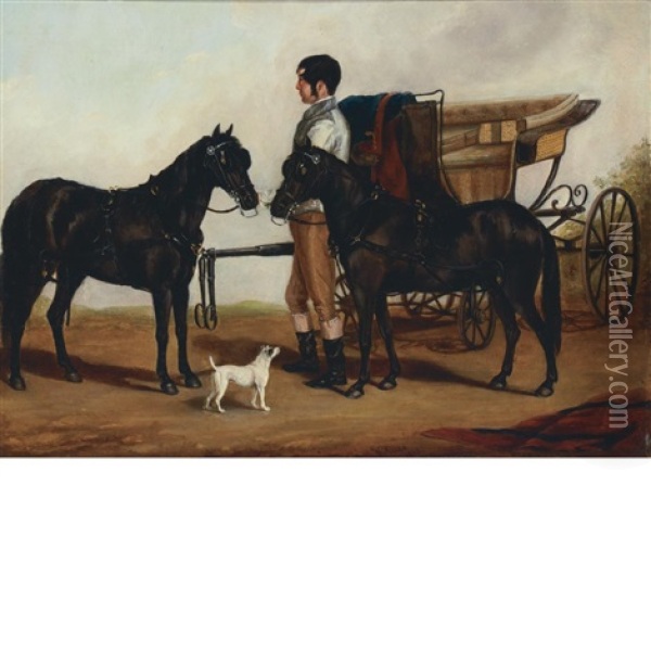 A Groom Holding A Team Of Ponies Beside A Carriage Oil Painting - William Miles