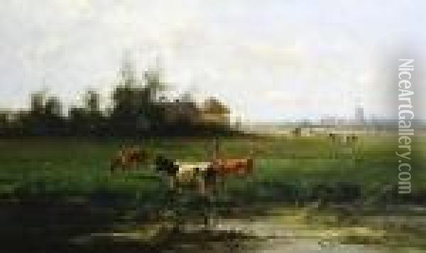 Cattle By A Stream, A Windmill Beyond Oil Painting - Cornelis I Westerbeek