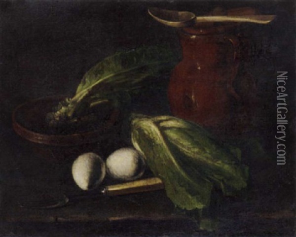 Eggs, Lettuce, A Jug, A Bowl Of Lettuce And A Fork On A Table Oil Painting - Luis Melendez