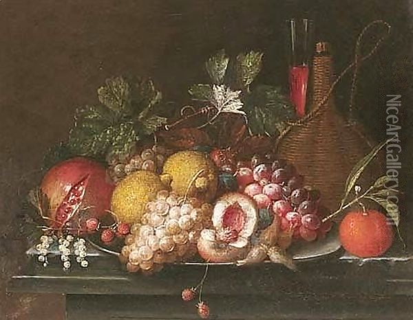 Still Life Of Peaches, Lemons, Grapes, Strawberries And Nuts Upon A Pewter Dish, Together With A Pomegranate, An Orange, A Casket Of Wine And A Wine Glass, Upon A Stone Ledge Oil Painting - Jan Pauwel Gillemans The Elder