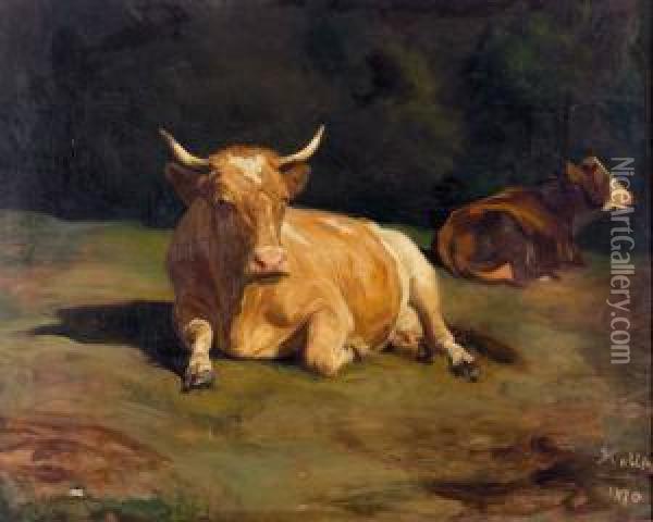 Liegende Kuhe Auf Der Weide. Oil Painting - Rudolf Koller