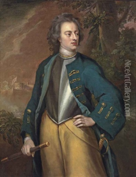 Portrait Of King Carl Xii Of Sweden (1682-1718), Three-quarter-length, In A Green Coat Over A Steel Cuirass, Holding A Commander's Baton Oil Painting - Michael Dahl
