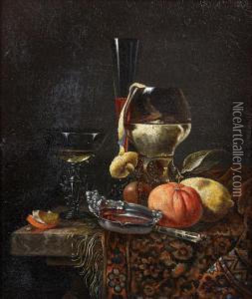 Natures Mortes Aux Verres Et Fruits Disposes Sur Un Entablement Recouvert D'un Tapis Oil Painting - Juriaen van Streeck