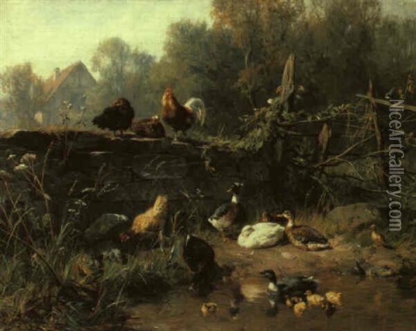 H_hner Und Enten An Einem Teich Oil Painting - Carl Jutz the Elder
