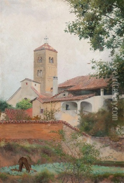 Vista Con La Iglesia De Sant Vicenc De Torello, Osona Oil Painting - Santiago Rusinol