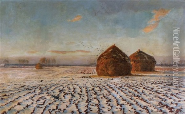Pejzaz Zimowy Z Dwoma Stogami Na Polu Oil Painting - Michael Gorstkin-Wywiorski