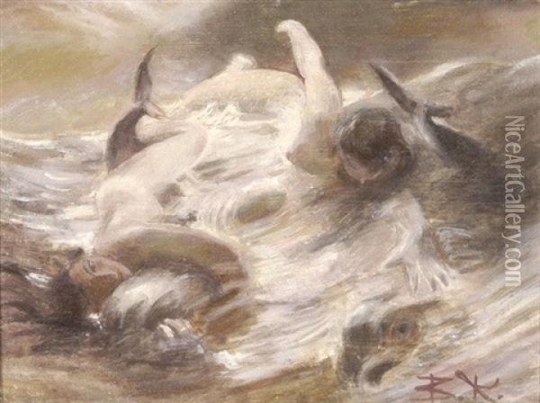 Sirenen Beim Spiel Mit Delphinen Oil Painting - Benes (Benesch) Knuepfer