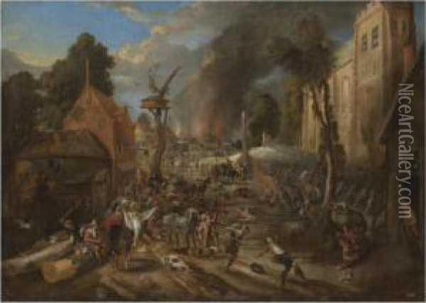 Landscape With Soldiers Pillaging A Village Oil Painting - Pieter Snayers