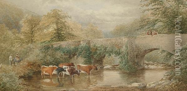 Cattle By A Bridge With Figures Looking On Oil Painting - S. Bowers