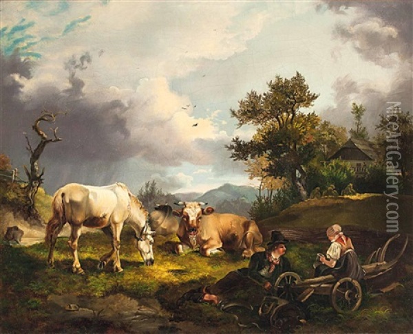 Bauernpaar Bei Der Rast Mit Pferd Und Kuhen Auf Der Bergweide Oil Painting - Joseph Heicke