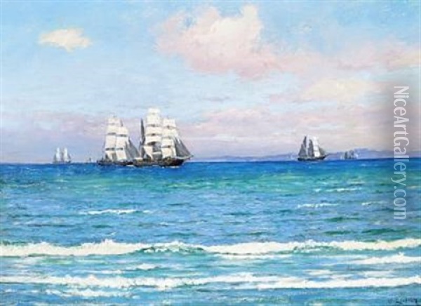 Seascape With Ships Off Kullen, Sweden Oil Painting - Carl Ludvig Thilson Locher