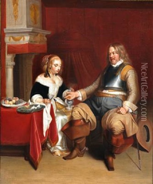 A Young Woman Is Offering A Cavalier A Glass Of Wine Oil Painting - Gerard ter Borch the Younger