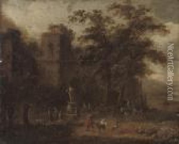 A Wooded Landscape With Shepherds Conversing By A Fountain, Classical Ruins Beyond Oil Painting - Peeter Bout