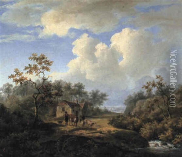 Wooded River Landscape With Countryfolk, Cattle And Sheep Oil Painting - Marinus Adrianus Koekkoek