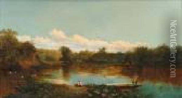Figuresfishing On The Thames Oil Painting - Edmund John Niemann, Snr.