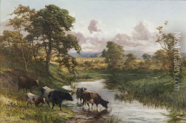 Cattle Watering In A River Landscape Oil Painting - Alfred Grey