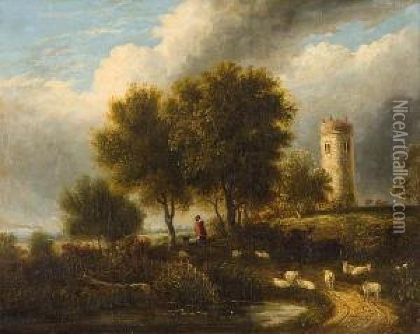 Whitlingham Church Overlooking The Valley Ofthe Yare Oil Painting - Samuel David Colkett