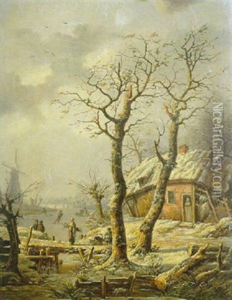 Paysage De Neige A La Riviere Gelee Animee De Patineurs Oil Painting - Henri Voordecker