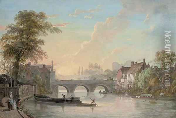 View of Tonbridge, with the bridge and houses, coal and pleasure boats in the foreground and the castle keep beyond Oil Painting - Paul Sandby
