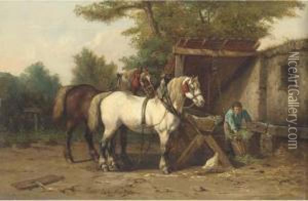 Feeding The Horses Oil Painting - Jean Louis van Kuyck