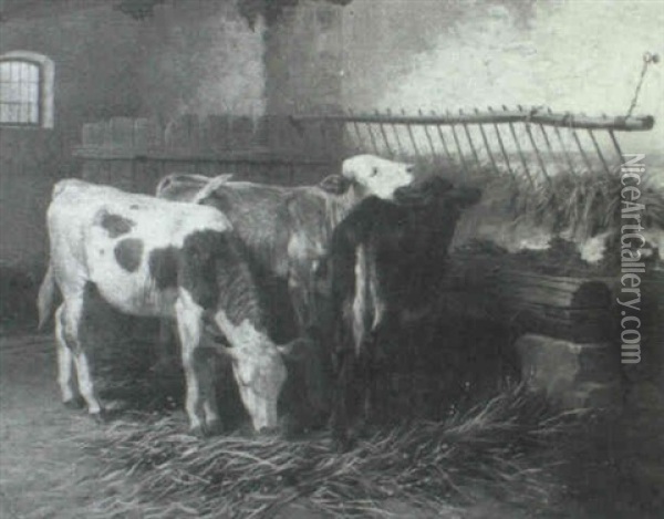 Three Cattle In A Stable Oil Painting - Walter Hunt