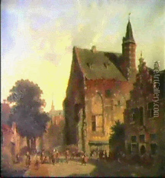 Busy Street Scene With Figures Before A Church Oil Painting - Adrianus Eversen