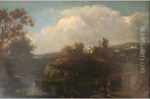 Two Figures Fishing By A Country Pool, Ruins Beyond Oil Painting - Richard Wilson