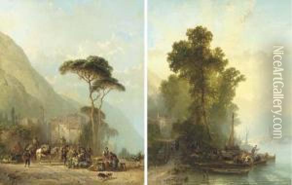 Market Day In Cannollio; And End Of The Day, Maggiore Oil Painting - Alfred Edouard De Bylandt