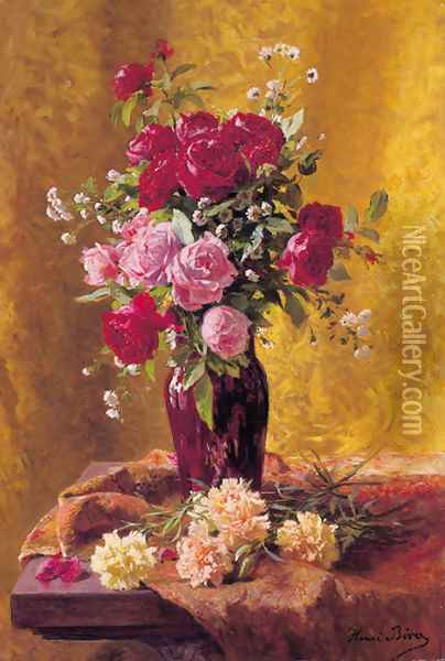 A vase of roses with carnations on a draped table Oil Painting - Henri Biva
