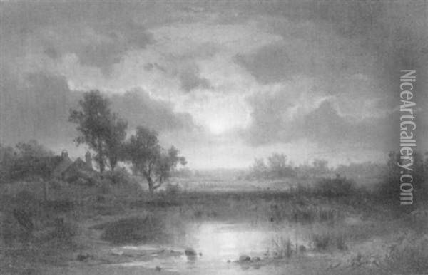 Moorlandschaft Mit Farm Im Abendlicht Oil Painting - Eduard Schleich the Elder
