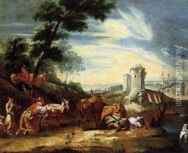 Sudliche Landschaft Mit Hirten Und Herde Oil Painting - Johann Heinrich Roos