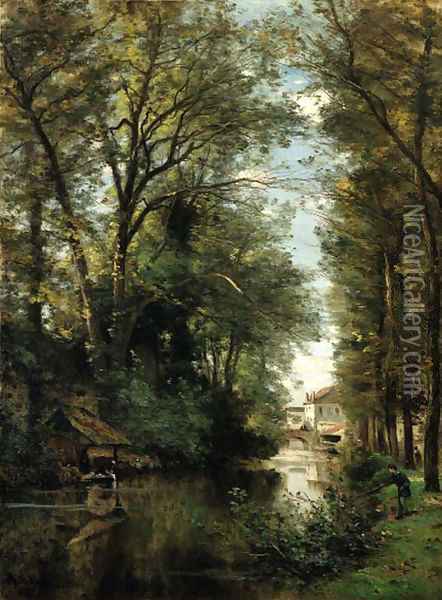 Figures along a wooded canal Oil Painting - Achille-Francois Oudinot