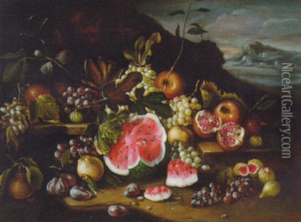Grapes, Apples, Pears, Figs, Pomegranates And A Watermelon On A Ledge With A Landscape Beyond Oil Painting - Abraham Brueghel