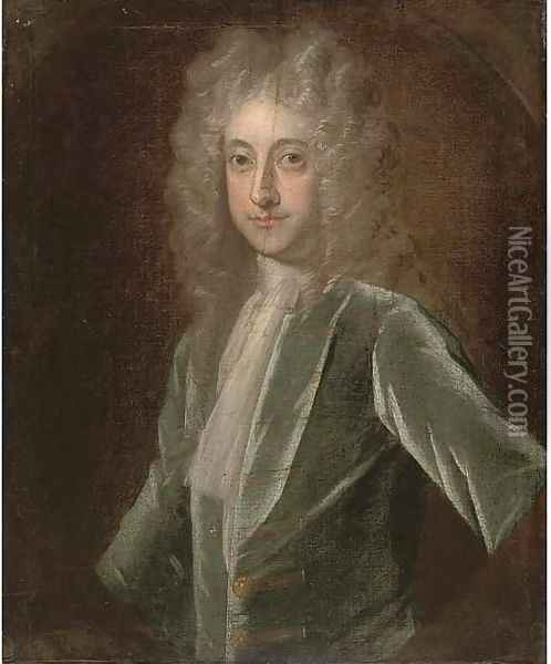 Portrait of a gentleman, half-length, in a green coat and white stock, feigned oval Oil Painting - Philippe Mercier