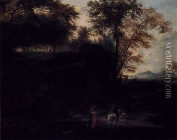 Wooded Landscape With Figures On The Edge Of A Field Oil Painting - Frederick De Moucheron
