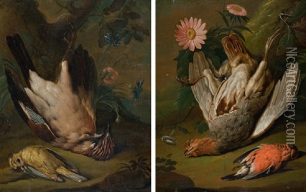 Jagdstillleben Mit Vogeln Und Blumen (pair) Oil Painting - Johann Rudolf Byss