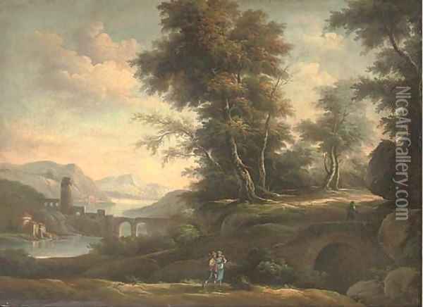 A wooded river landscape with an amorous couple on a track, classical buildings beyond Oil Painting - Peter Tillemans