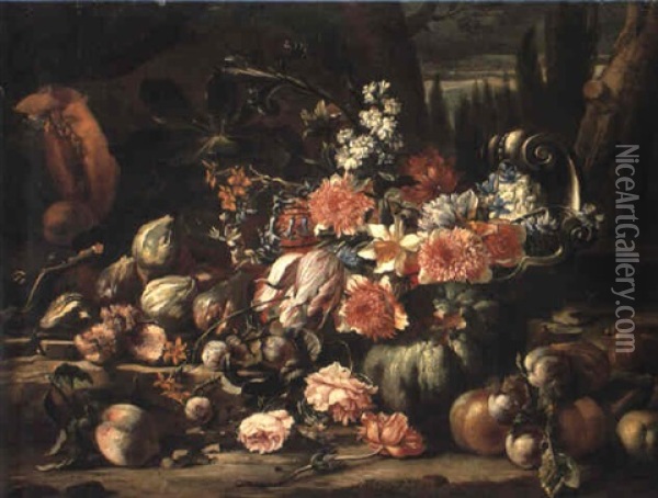 Flowers In A Silver Fruit Dish And Fruit On A Rocky Bank Oil Painting - Abraham Brueghel