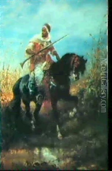 Arab Horseman By A Pool Oil Painting - Adolf Schreyer
