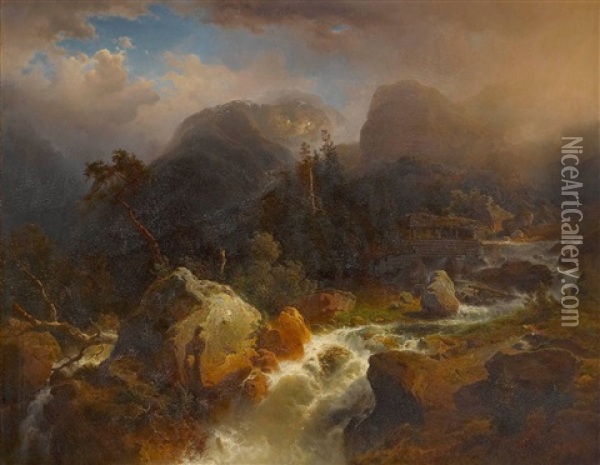 Gebirgslandschaft Mit Wasserfall Oil Painting - August Leu the Younger