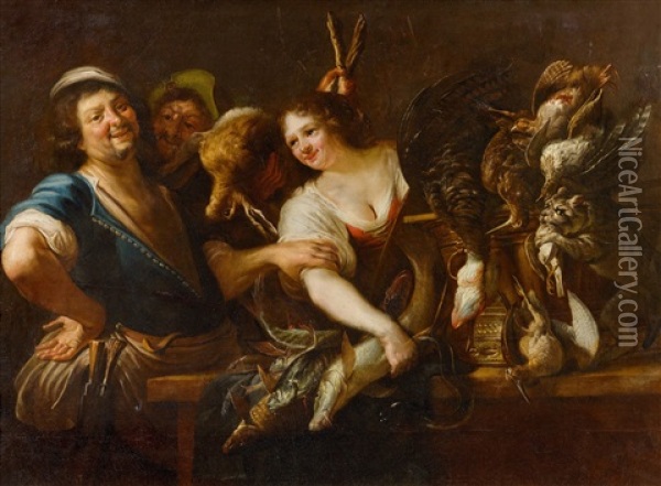 A Hunter And A Maidservant With Fish And Game In A Kitchen Interior Oil Painting - Christian van Couwenbergh